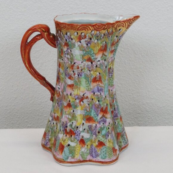 Vintage Japanese Kutani Chocolate Pot NO LID 7 3/4" Handpainted Scholars FLAW - Picture 1 of 10